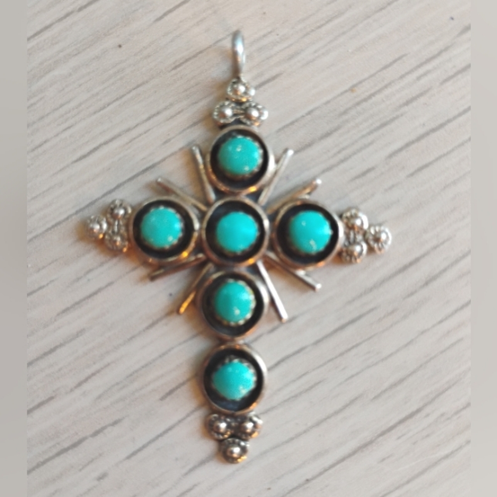 Vintage Native American Zuni Blue Turquoise Sterling Cross Pendant Myra T Qualo